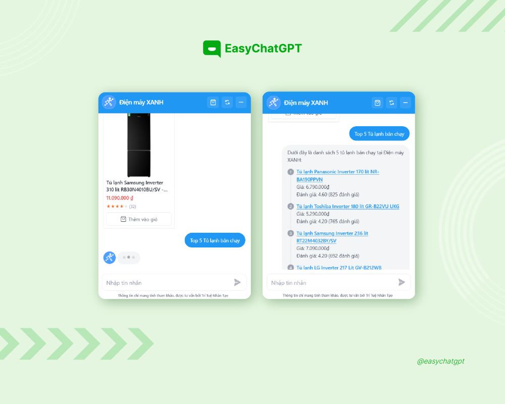 AI Chatbot bán hàng của Easy AI Chat trên website Điện Máy XANH